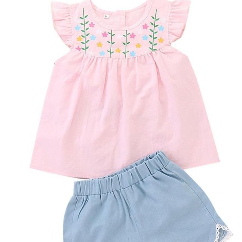 GIRL PINK FLOWER TUNIC WITH BLUE SHORTS